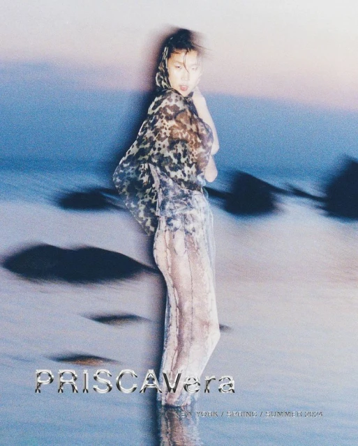 A woman stands in water on the beach wearing a transparent, patterned hooded top and pants, with a soft sunset in the background.