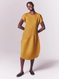Model smiling in a yellow pleated knee-length dress with black flats against a white seamless studio backdrop.