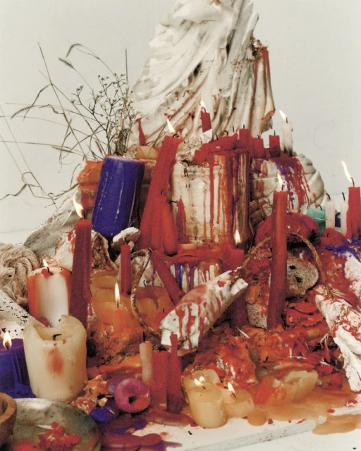 Still life with melting candles, white cloth, and organic materials creating an ephemeral, textured composition against a light background.