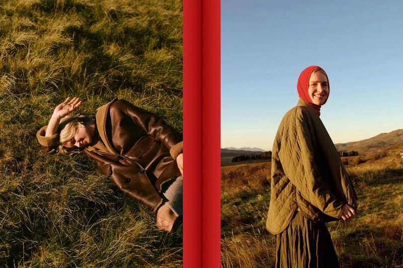 Two women in outdoor settings separated by red bar: one reclining in grass in leather jacket, the other standing in countryside.