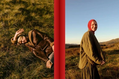 Diptyptique fashion image with a model reclining on grassy hillside and a model wearing a green quilted jacket outdoors