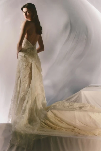 Woman in a lace gown turns to look back toward the viewer, a sheer white veil and white background add a clean and airy feel.