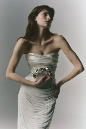 Elegant brunette woman in a strapless white gown holding a decorative object in a photo studio with soft, diffused lighting.