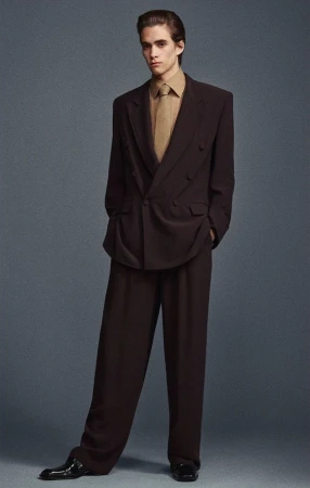 Man posing in a dark brown double-breasted suit with wide-leg pants, tan shirt and tie against a gray background in a full-body shot.
