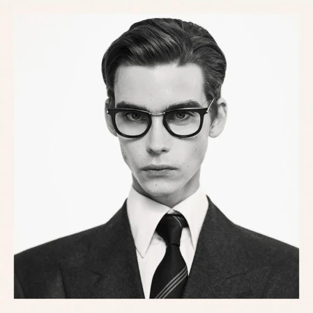 Portrait of a young adult male with dark hair and glasses wearing a suit and tie against a neutral, light background in a studio shot.