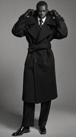 Model wearing an oversized black belted double-breasted trench coat with leather gloves against a grey studio backdrop.