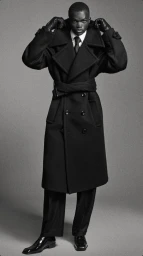 Model wearing an oversized black belted double-breasted trench coat with leather gloves against a grey studio backdrop.