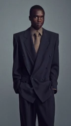 Model in a black double-breasted suit and brown shirt against a grey seamless background for Saint Laurent