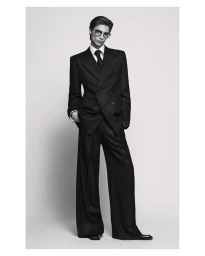 Man wearing a black double-breasted suit and glasses standing against a seamless grey backdrop