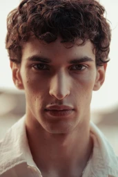 Close-up portrait of model Habib Masovic with curly brown hair in a white shirt for Zara Man S/S 24.