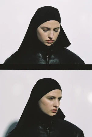 Diptych of a woman wearing a black head covering and black leather jacket against a bright white background in two stacked film frames.