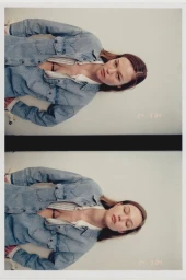 Model wearing a denim shirt against a plain white studio background in a vertically oriented double frame shot
