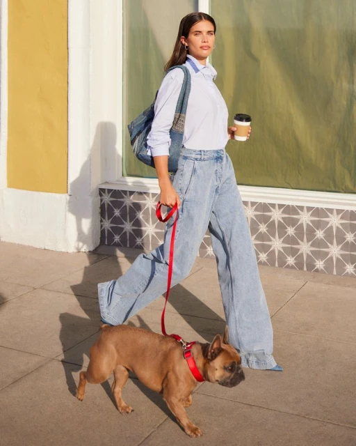 Woman walks a French Bulldog down a sunny street wearing jeans and carrying a coffee cup. The dog is on a red leash.