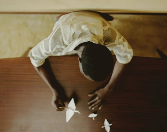 Overhead shot of an adult creating origami birds at a wooden table, illuminated by bright, soft lighting casting subtle shadows.