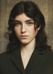 Portrait of a model with dark wavy hair and green jacket against a textured wall for Bally Fall Winter 2024