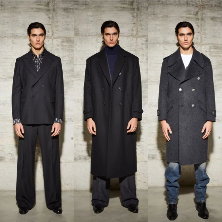 Three full-length poses of a male model wearing John Richmond fall winter 24 25 menswear against a concrete wall