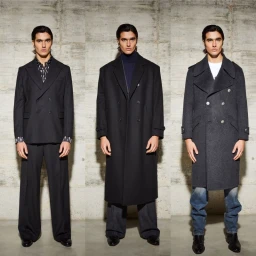 Three full-length poses of a male model wearing John Richmond fall winter 24 25 menswear against a concrete wall