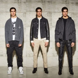 Three full-length poses of a male model wearing fall-winter menswear looks against a concrete wall background.