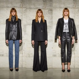 Three poses of a female model displaying John Richmond FW24/25 looks against a concrete background.