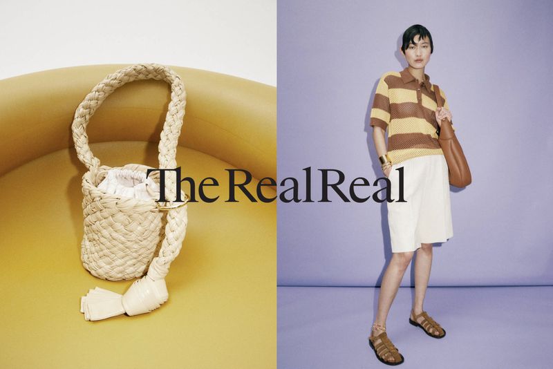 Fashion editorial featuring a woven bucket bag on a yellow surface and a woman in a striped top against a purple background.