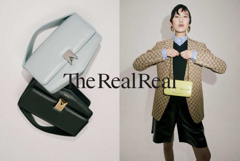 Fashion editorial featuring an adult woman wearing a Gucci blazer with various purses from The RealReal fashion resale brand.