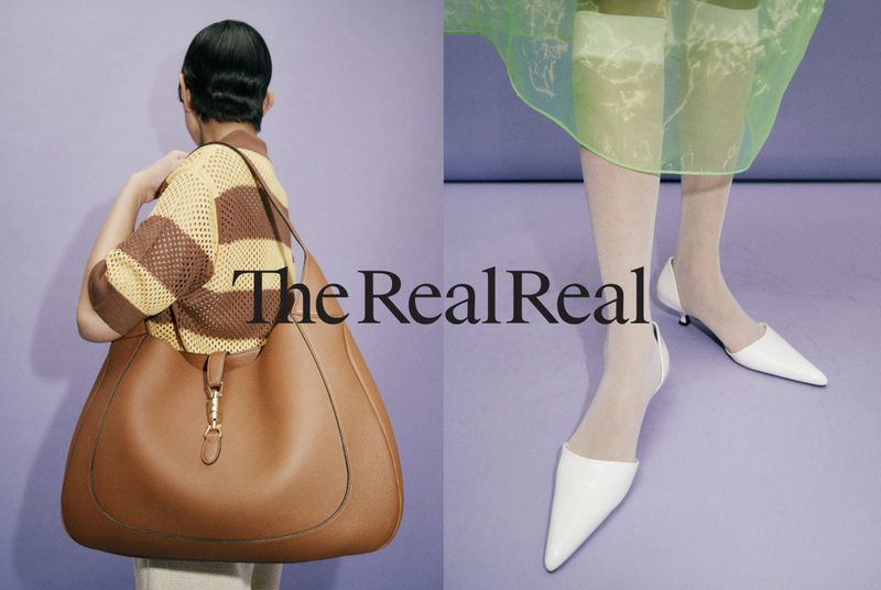Fashion editorial shot featuring an adult female carrying a brown leather tote bag and a model wearing white heels, against a light purple backdrop.