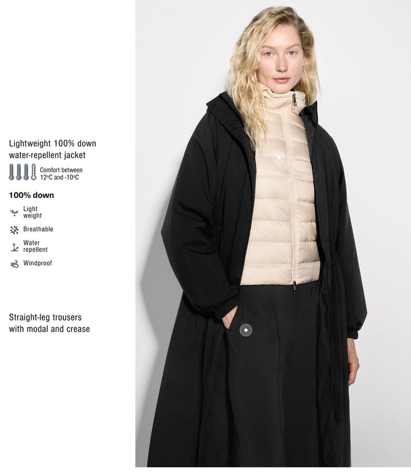 A woman models a long, black, water-repellent jacket and trousers indoors. The outfit is layered over a cream-colored down jacket.