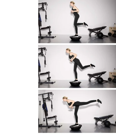 A sequence of three panels showing a woman in black sportswear balancing on a bosu ball and extending her leg in a fitness exercise.