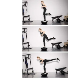 A sequence of three panels showing a woman in black sportswear balancing on a bosu ball and extending her leg in a fitness exercise.