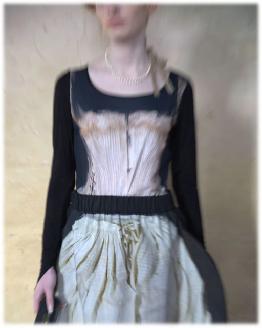 Female figure in long-sleeved shirt, corset-printed top, and skirt with lace-up detail against a textured beige backdrop.
