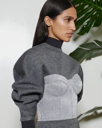 A stylish adult female poses indoors in a gray sweater with a silver corset over it, complemented by a monstera leaf in the background.