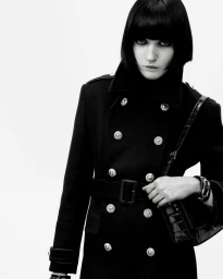Model with a blunt black bob wearing a double-breasted black belted coat with silver buttons against a white studio background.