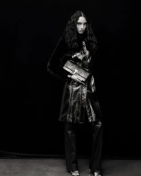 Model Mona Tougaard posing in a belted glossy leather coat, matching trousers, and holding a textured clutch bag against a black backdrop.