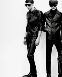 Two male models in black leather jackets, trousers, and dark sunglasses posing against a white seamless background.