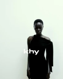 Model Mimi Arok wearing an asymmetric black dress against a plain white background for Khy Drop 004.