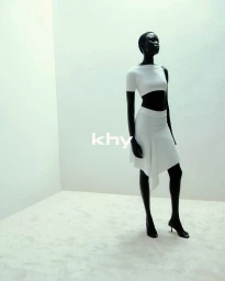Model Mimi Arok in a white crop top and asymmetric skirt set standing in a minimalist studio corner.