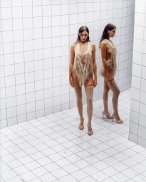 Model standing in a tiled room wearing a fringed beige top and stockings