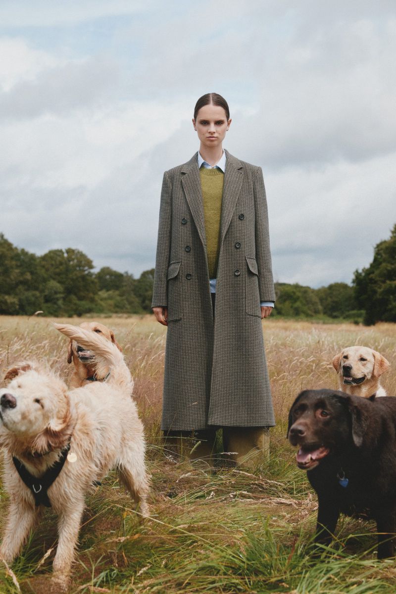 A woman in a herringbone coat poses in a field with golden retrievers and a chocolate lab on a cloudy day.