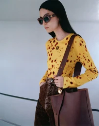 Model wearing studded sunglasses, a yellow spotted long-sleeve shirt, brown trousers, and carrying a leather tote bag.