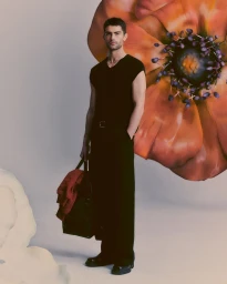 Model in a black sleeveless top and black trousers standing next to an oversized orange flower prop against a studio backdrop.