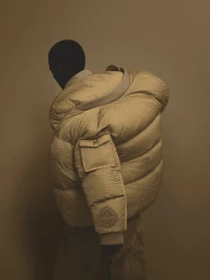 Back view of a model wearing an oversized textured beige down puffer jacket with an arm pocket against a warm studio backdrop.