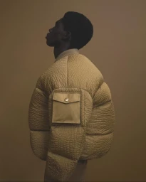 Black man wearing a textured tan puffer jacket with a sleeve pocket in a studio portrait.