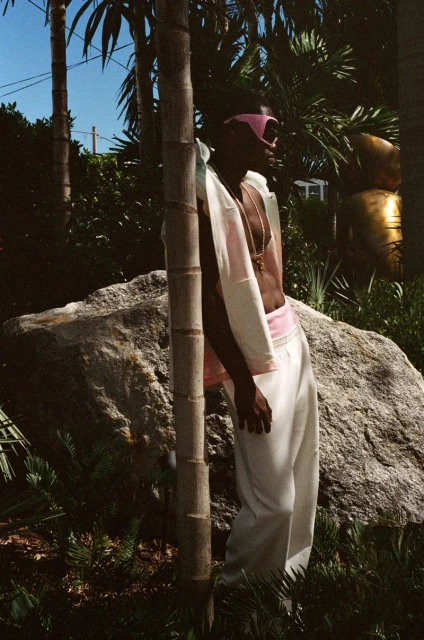 Man posing in white pants, vest, and pink sunglasses outdoors with palm tree and foliage in summer in natural light conditions.