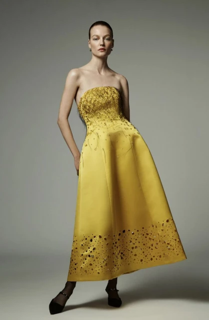 Woman in a yellow strapless gown, posing in a studio with a gray background. The dress features decorative accents and the woman is fair-skinned.
