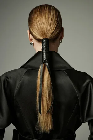 Rear view of a model with sleek blonde hair in a ponytail wrapped in black leather against a grey backdrop.