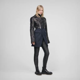 Model wearing a black leather cropped jacket and patterned skirt over dark trousers against a neutral grey studio backdrop.