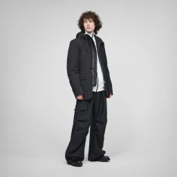Model wearing a layered black jacket and wide-leg black cargo trousers against a neutral grey studio backdrop.
