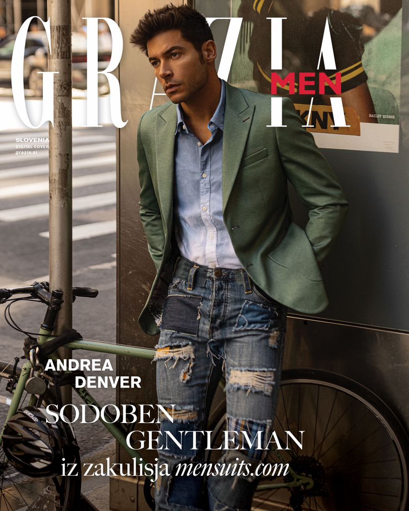 Grazia Men cover featuring a stylish man in a green blazer, patchwork jeans, and a bike, set in an urban outdoor environment.