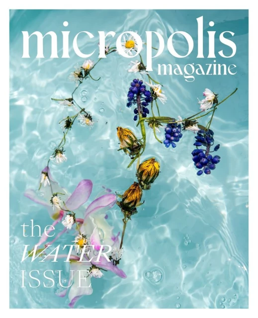 Magazine cover featuring flowers in clear water with the title 'micropolis magazine, the water issue' in white font.