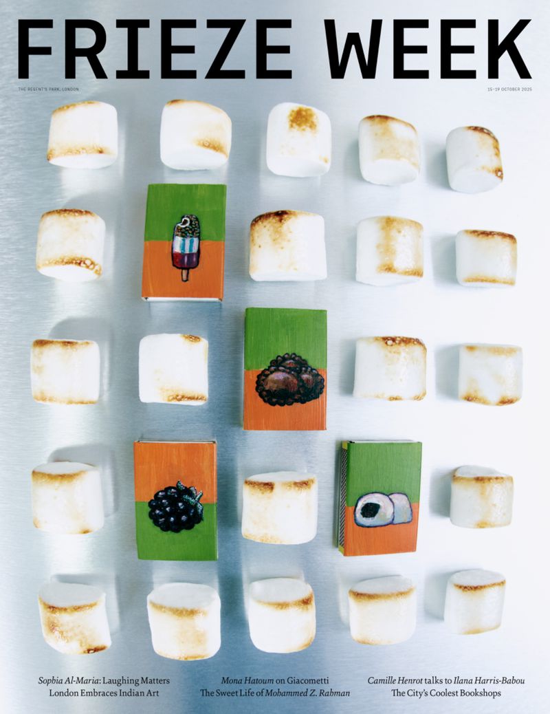 Frieze Week magazine cover featuring marshmallows and small books with illustrations of a blackberry, ice cream, and marshmallow.